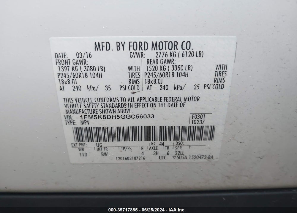 2016 FORD EXPLORER XLT VIN: 1FM5K8DH5GGC56033
