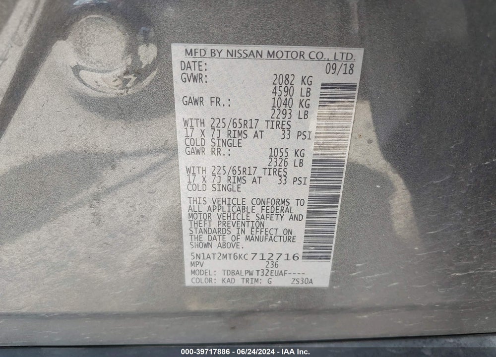 2019 NISSAN ROGUE S VIN: 5N1AT2MT6KC712716