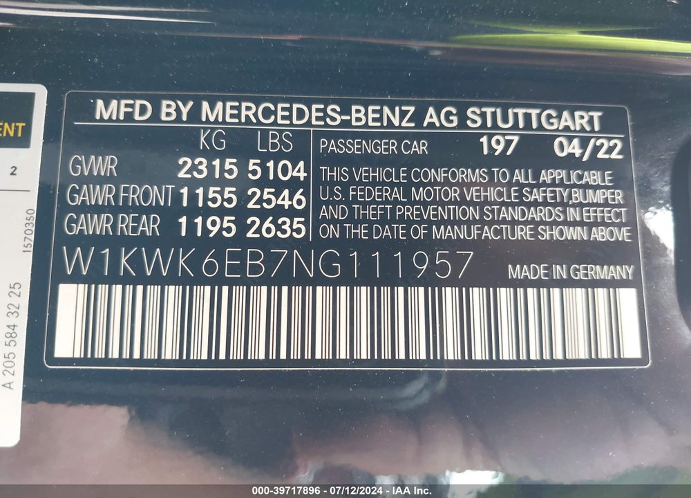 2022 MERCEDES-BENZ AMG C 43 4MATIC VIN: W1KWK6EB7NG111957