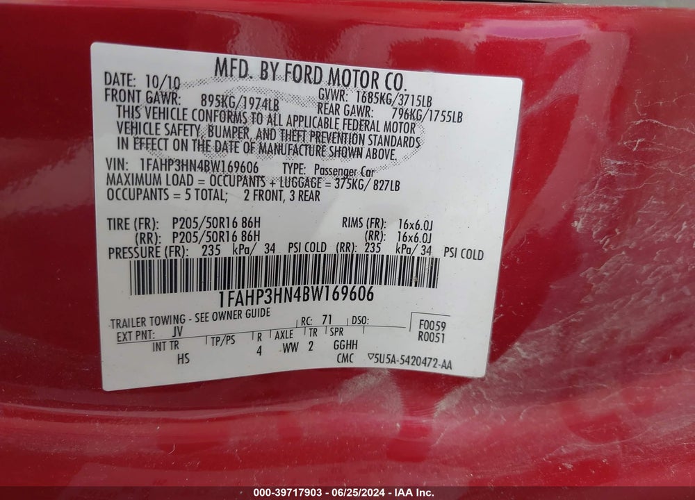 2011 FORD FOCUS SEL VIN: 1FAHP3HN4BW169606