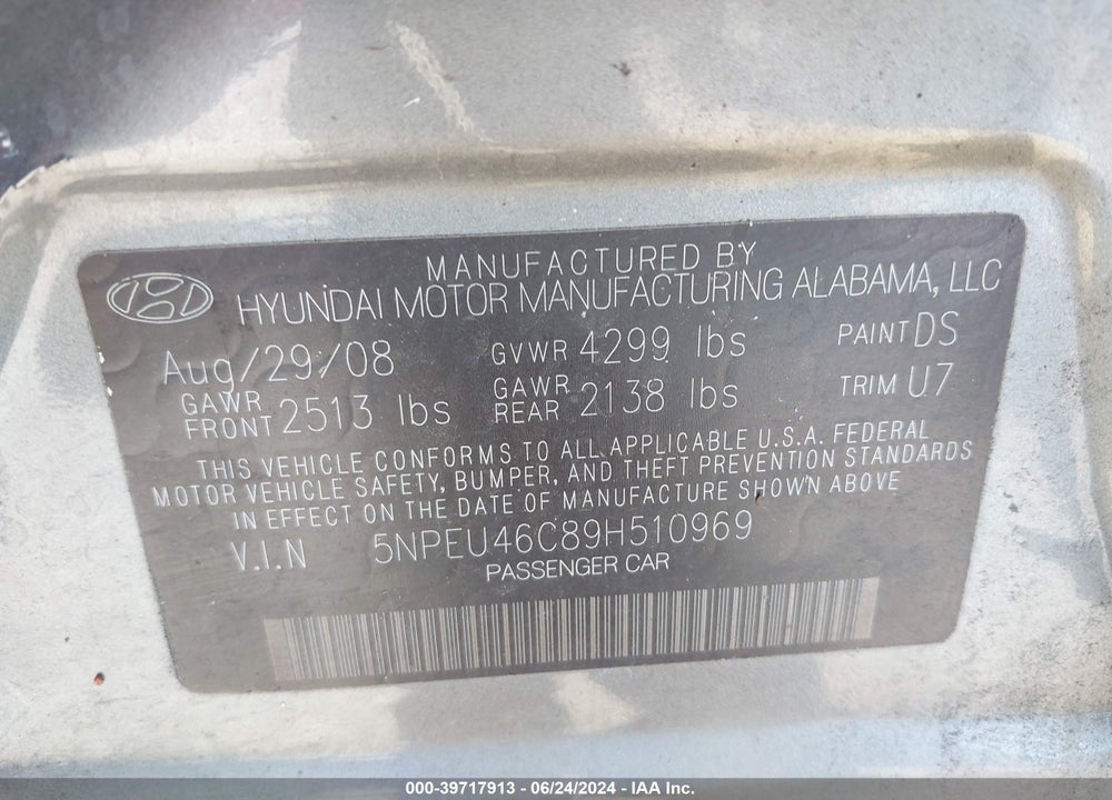2009 HYUNDAI SONATA SE VIN: 5NPEU46C89H510969