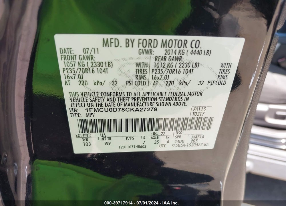 2012 FORD ESCAPE XLT VIN: 1FMCU0D78CKA27279