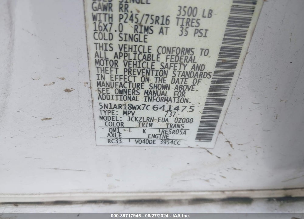 2007 NISSAN PATHFINDER S VIN: 5N1AR18WX7C641475