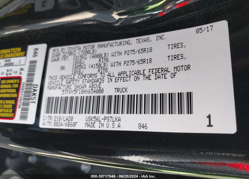 2017 TOYOTA TUNDRA LIMITED 5.7L V8 VIN: 5TFHY5F18HX654000