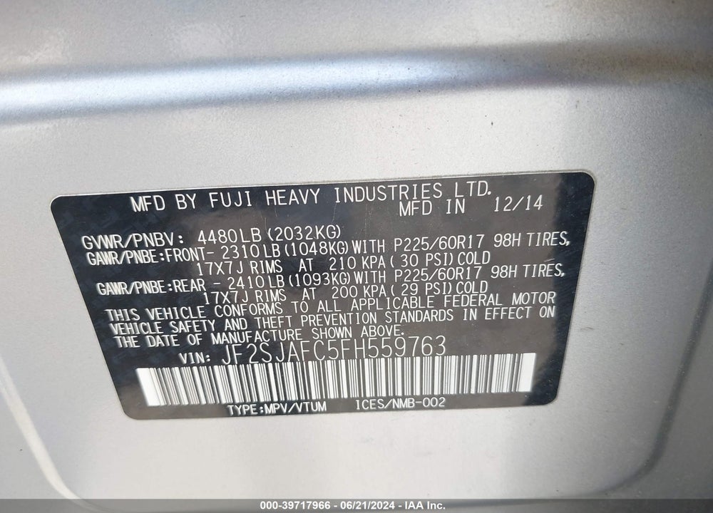 2015 SUBARU FORESTER 2.5I PREMIUM VIN: JF2SJAFC5FH559763