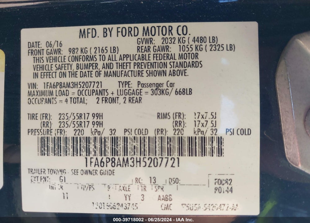 2017 FORD MUSTANG V6 VIN: 1FA6P8AM3H5207721