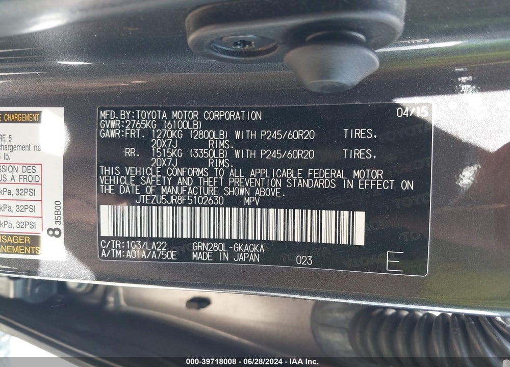2015 TOYOTA 4RUNNER LIMITED VIN: JTEZU5JR8F5102630