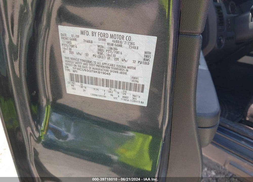 2009 FORD ESCAPE XLT VIN: 1FMCU93G79KB19045