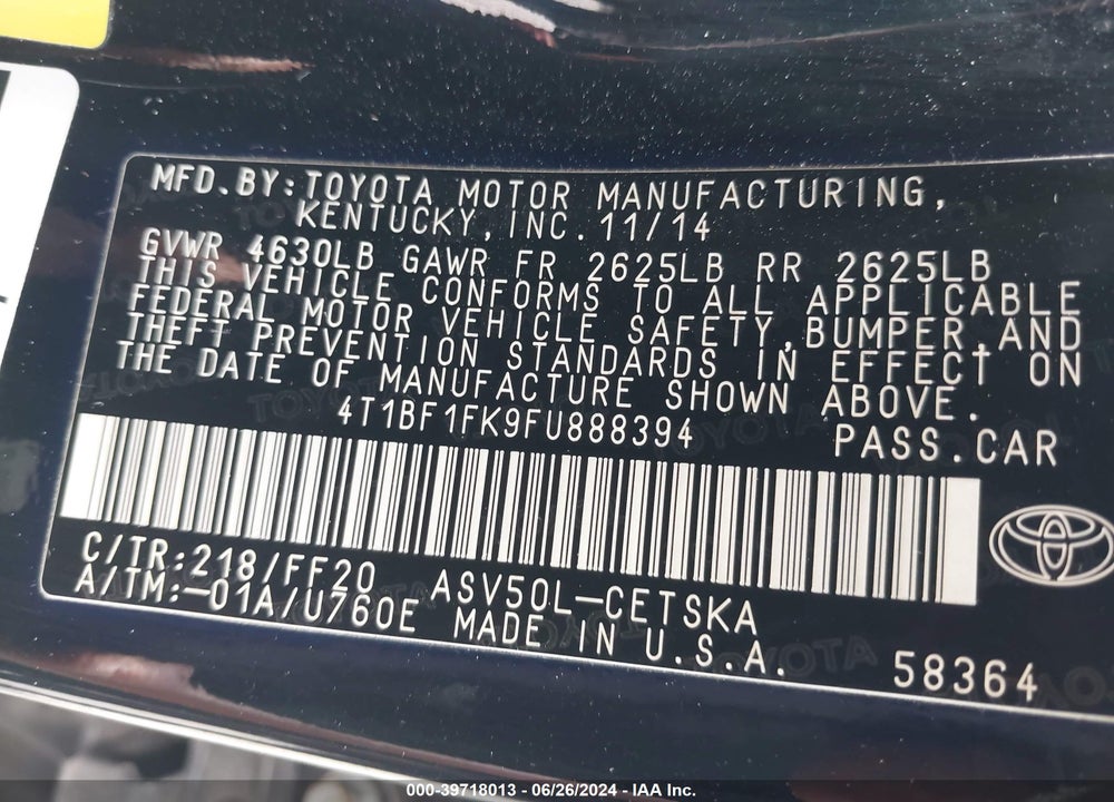 2015 TOYOTA CAMRY SE VIN: 4T1BF1FK9FU888394