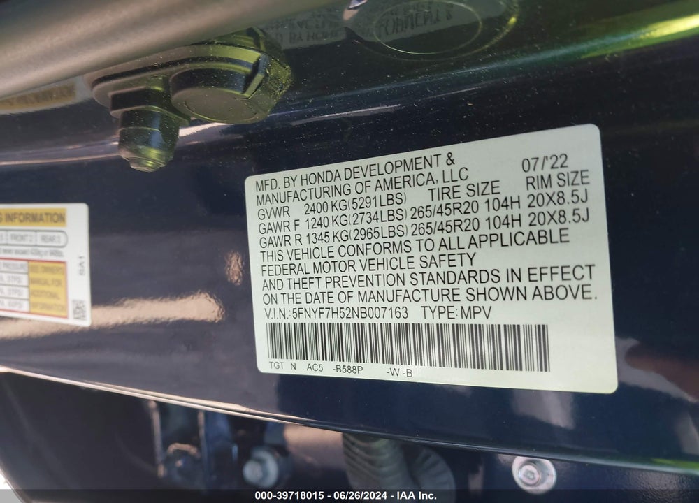2022 HONDA PASSPORT 2WD EX-L VIN: 5FNYF7H52NB007163
