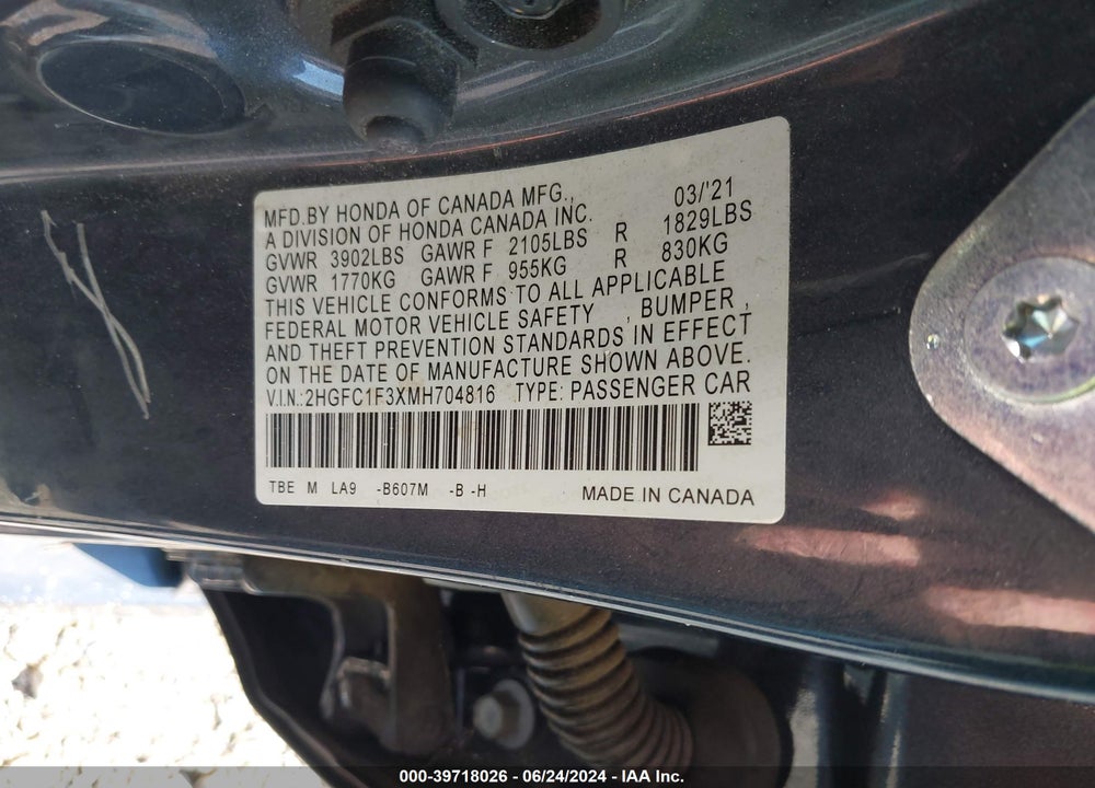 2021 HONDA CIVIC EX VIN: 2HGFC1F3XMH704816