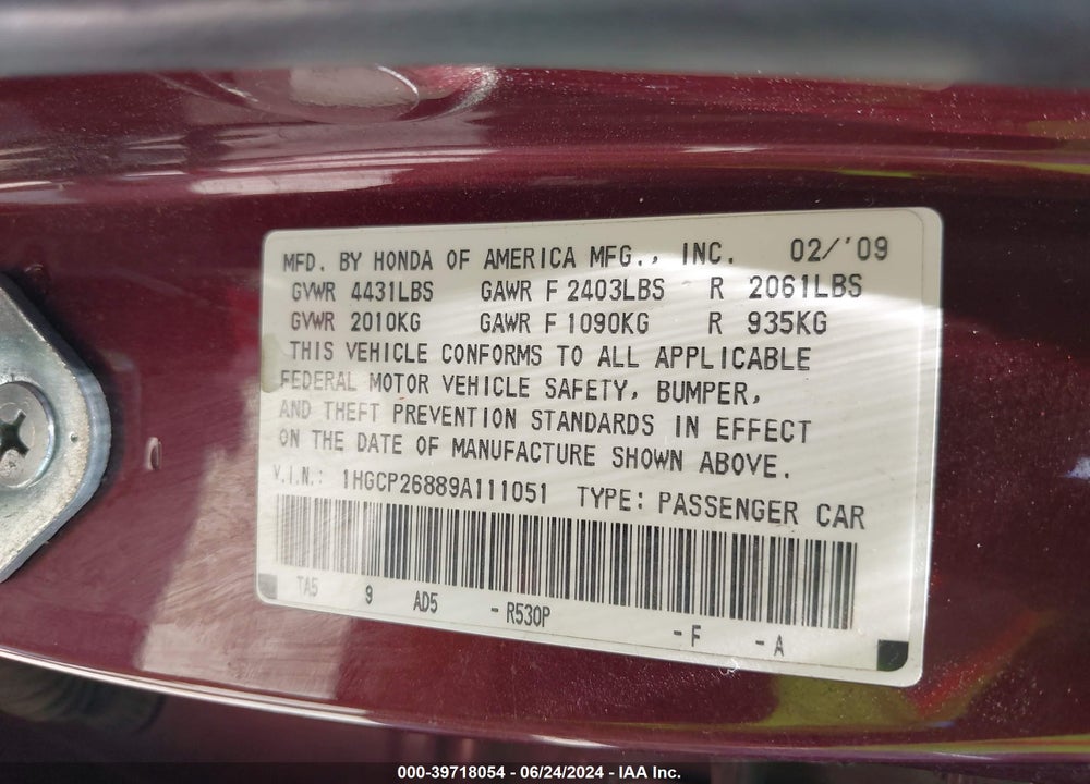 2009 HONDA ACCORD 2.4 EX-L VIN: 1HGCP26889A111051