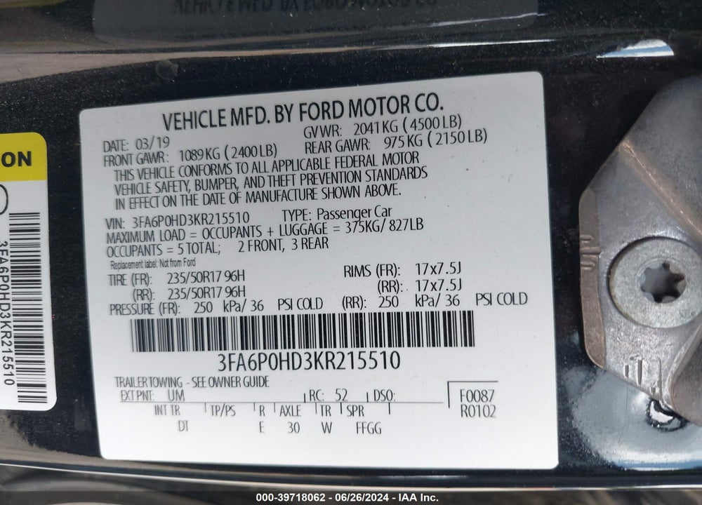 2019 FORD FUSION SE VIN: 3FA6P0HD3KR215510