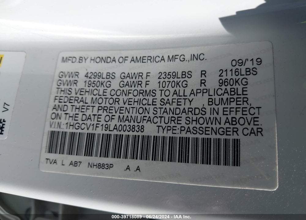 2020 HONDA ACCORD LX VIN: 1HGCV1F19LA003838