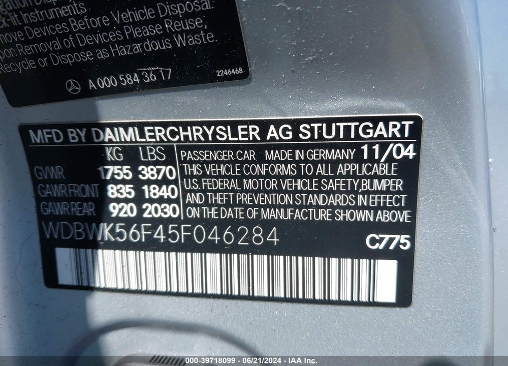 2005 MERCEDES-BENZ SLK 350 VIN: WDBWK56F45F046284