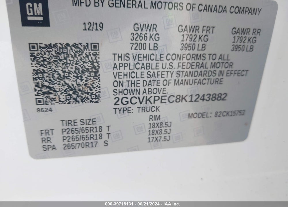 2019 CHEVROLET SILVERADO 1500 LD LT VIN: 2GCVKPEC8K1243882