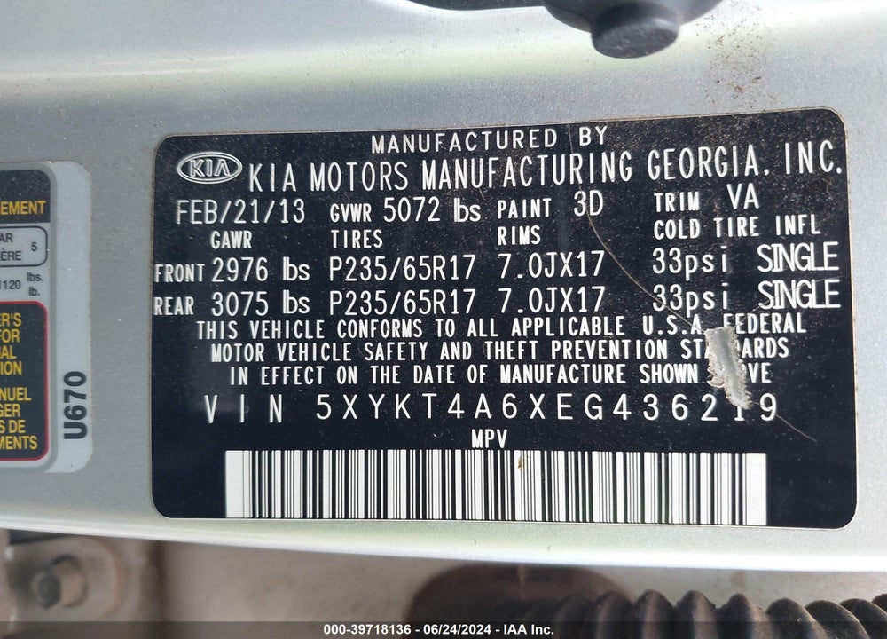 2014 KIA SORENTO LX VIN: 5XYKT4A6XEG436219
