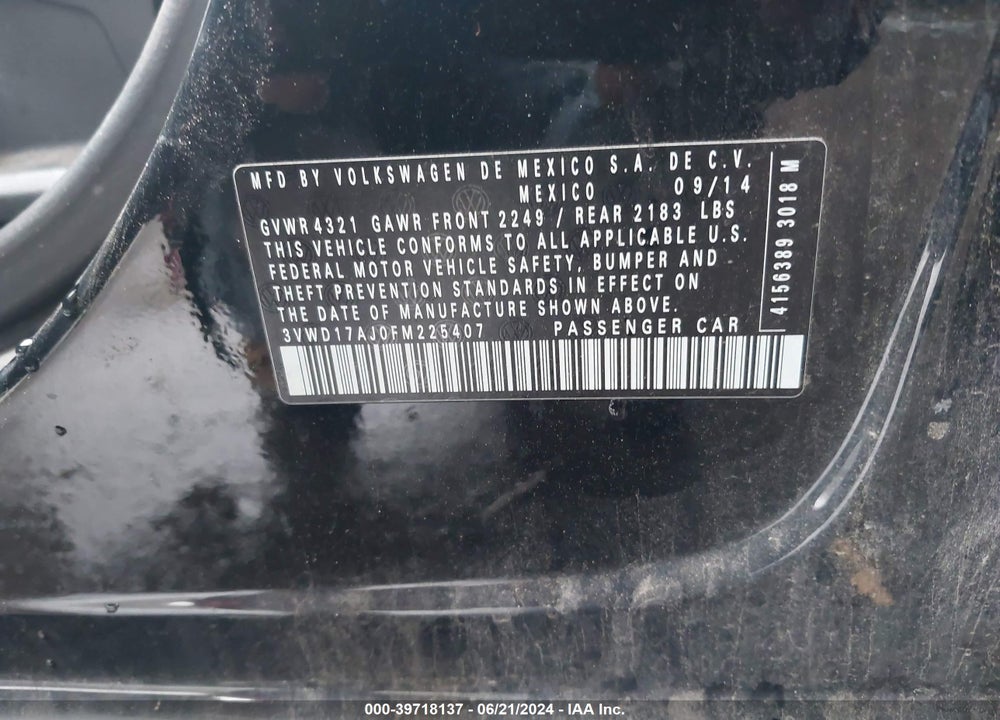 2015 VOLKSWAGEN JETTA 1.8T SE VIN: 3VWD17AJ0FM225407