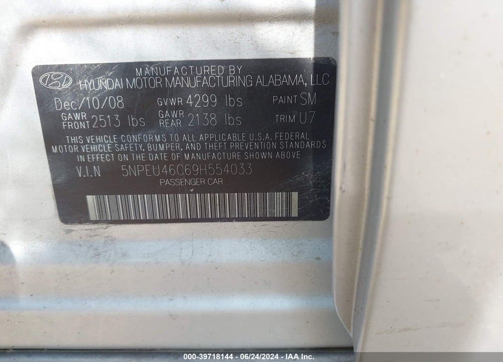 2009 HYUNDAI SONATA LIMITED VIN: 5NPEU46C69H554033