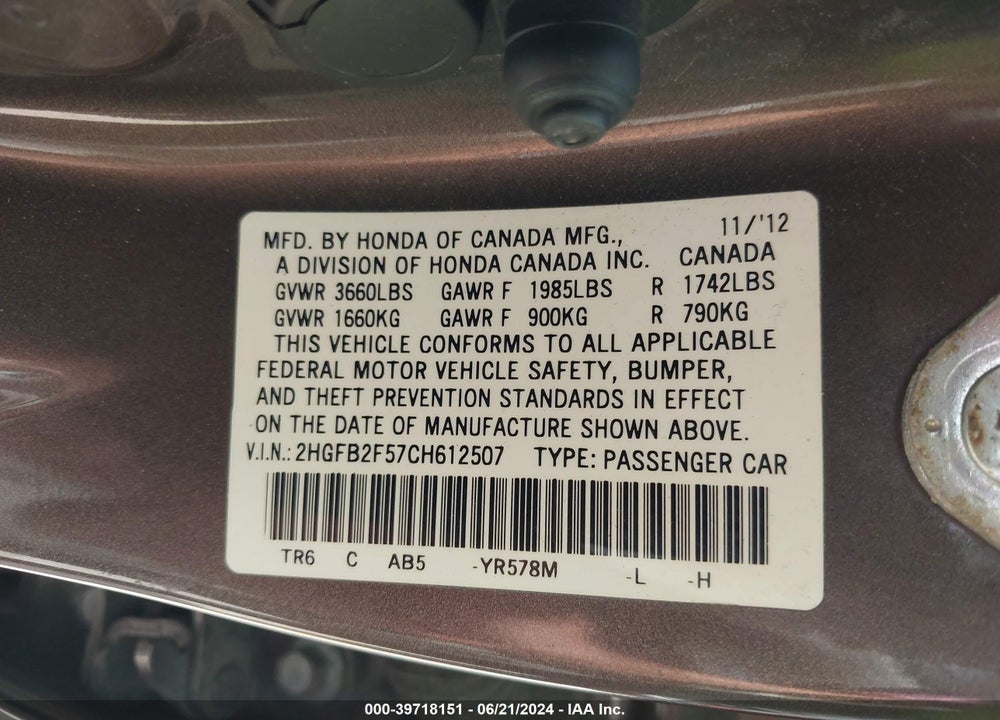 2012 HONDA CIVIC LX VIN: 2HGFB2F57CH612507