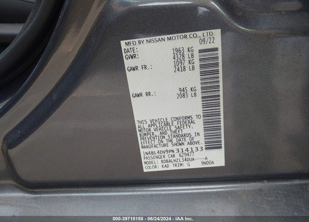 2023 NISSAN ALTIMA SV FWD VIN: 1N4BL4DV9PN314133