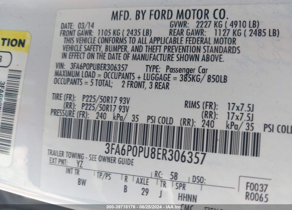 2014 FORD FUSION ENERGI SE LUXURY VIN: 3FA6P0PU8ER306357