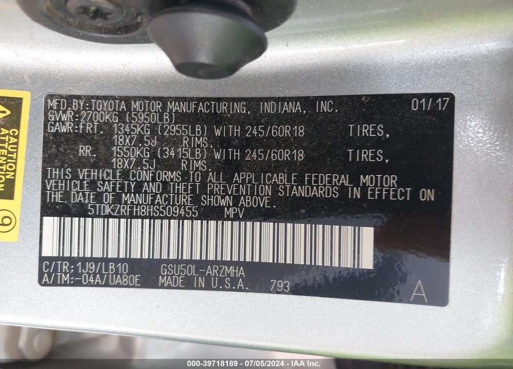 2017 TOYOTA HIGHLANDER XLE VIN: 5TDKZRFH8HS509455