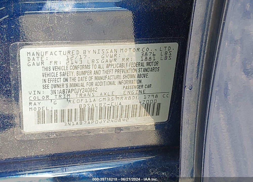 2018 NISSAN SENTRA S VIN: 3N1AB7AP0JY240842