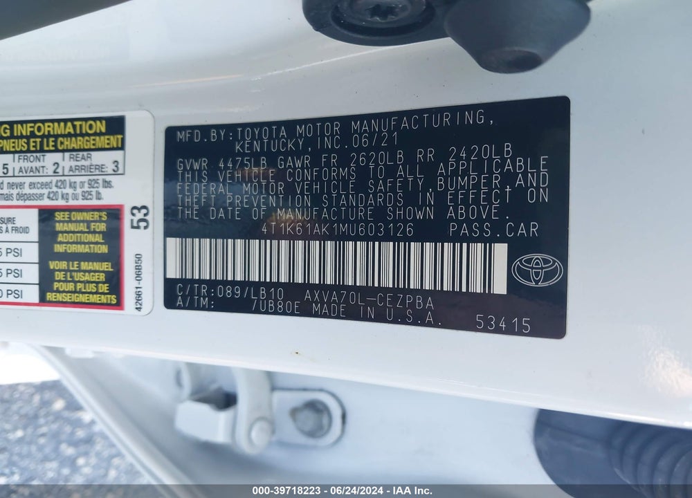 2021 TOYOTA CAMRY XSE VIN: 4T1K61AK1MU603126