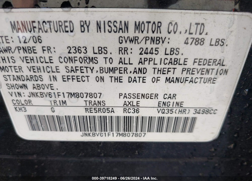 2007 INFINITI G35X VIN: JNKBV61F17M807807