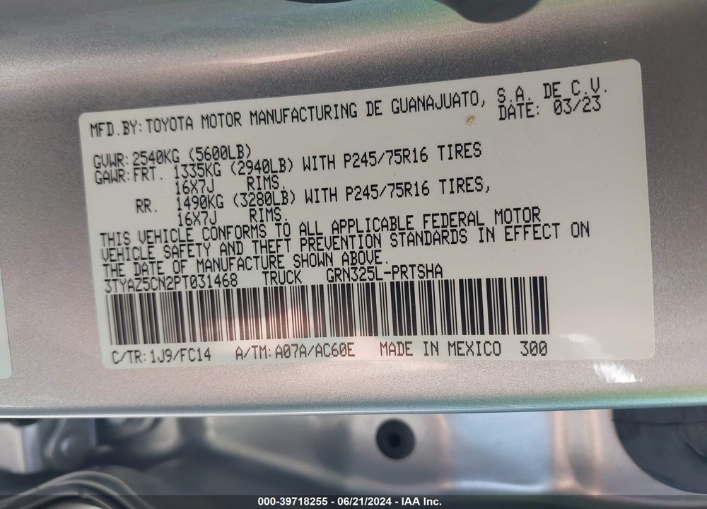2023 TOYOTA TACOMA SR5 V6 VIN: 3TYAZ5CN2PT031468