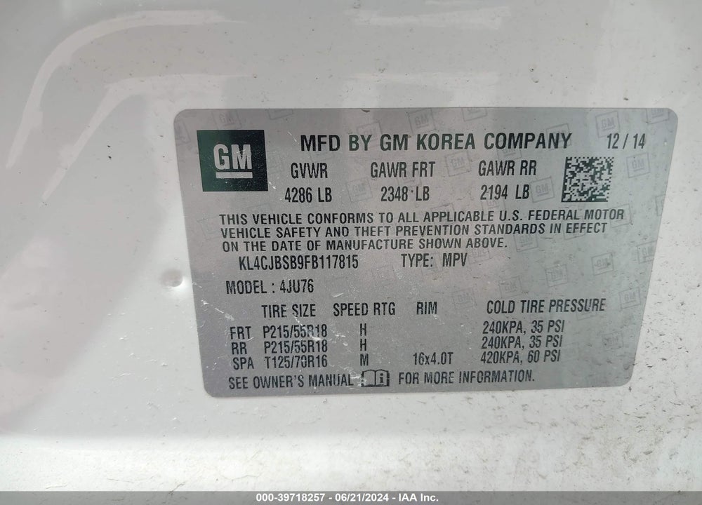 2015 BUICK ENCORE CONVENIENCE VIN: KL4CJBSB9FB117815