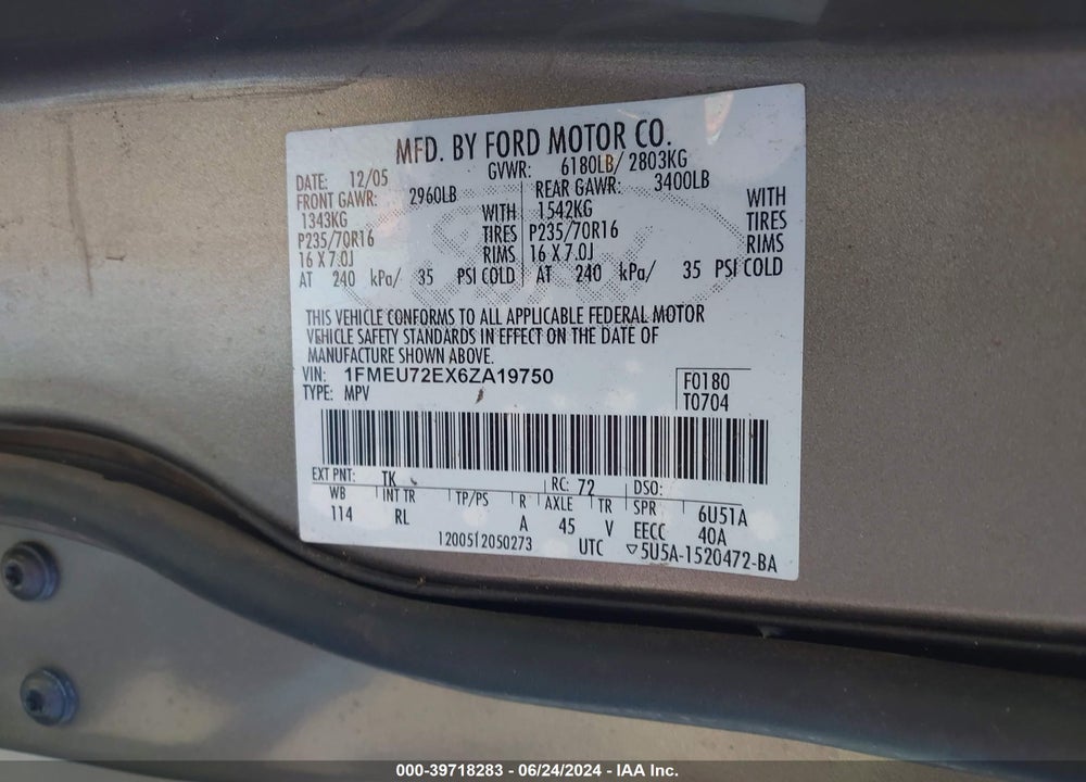 2006 FORD EXPLORER VIN: 1FMEU72EX6ZA19750