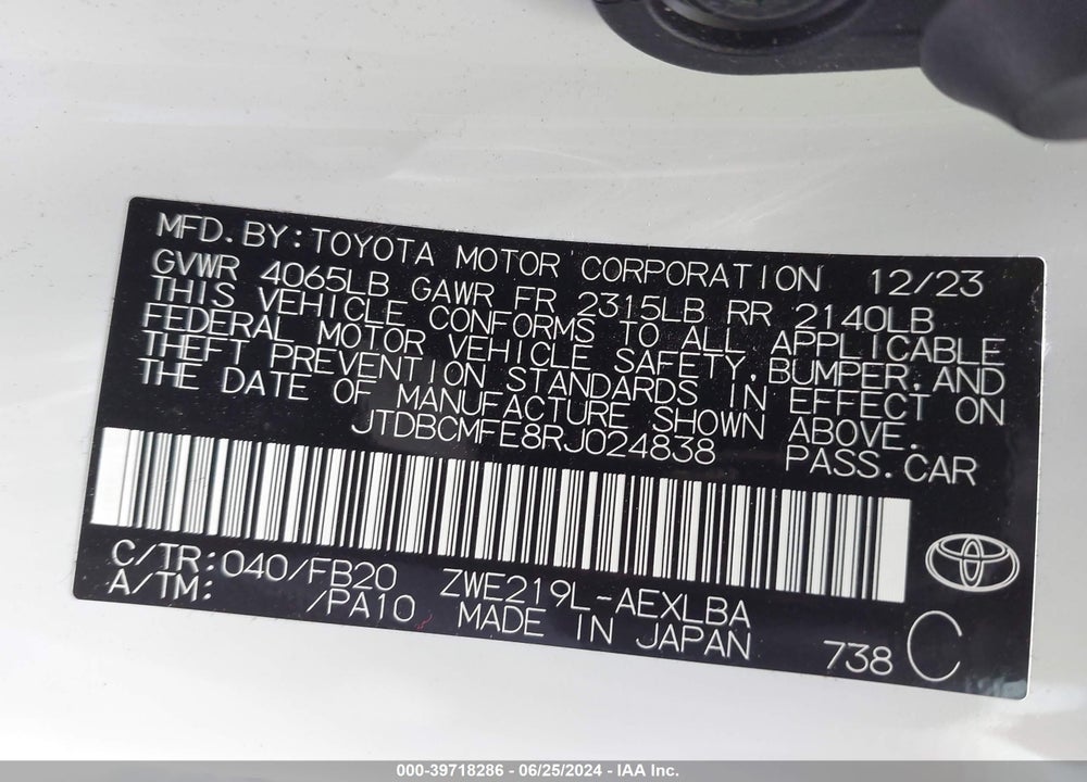 2024 TOYOTA COROLLA HYBRID LE VIN: JTDBCMFE8RJ024838