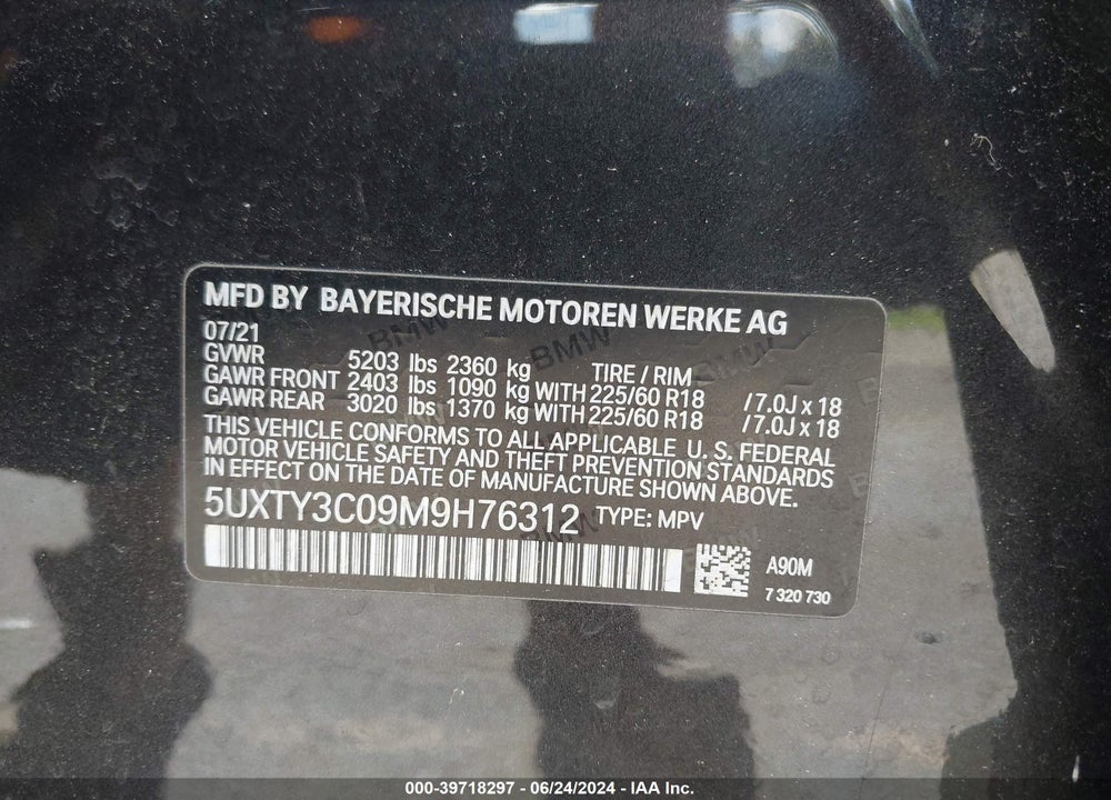 2021 BMW X3 SDRIVE30I VIN: 5UXTY3C09M9H76312