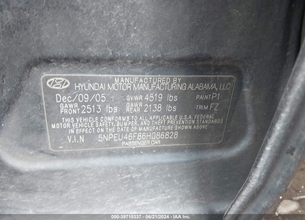 2006 HYUNDAI SONATA GLS V6/LX V6 VIN: 5NPEU46F86H086828