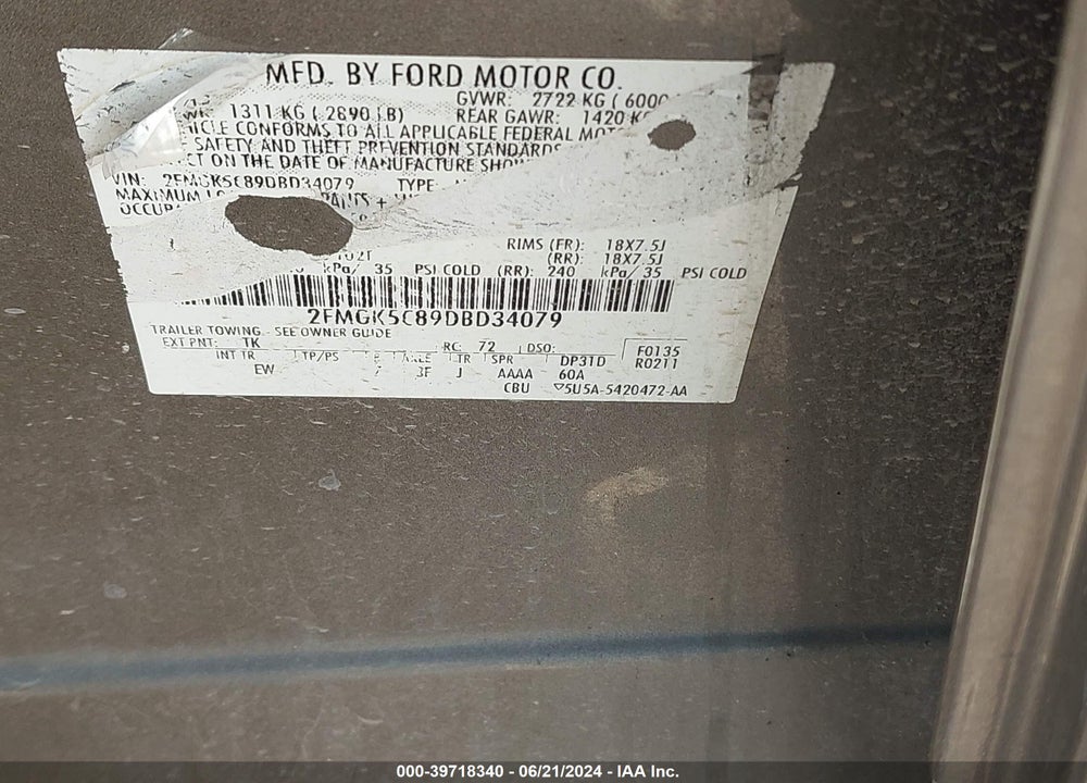 2013 FORD FLEX SEL VIN: 2FMGK5C89DBD34079