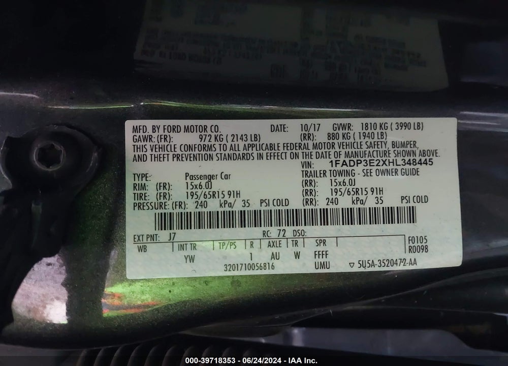 2017 FORD FOCUS S VIN: 1FADP3E2XHL348445