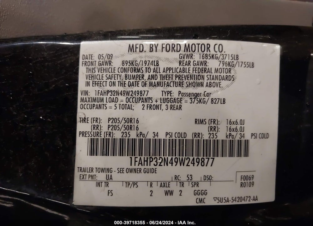 2009 FORD FOCUS SE VIN: 1FAHP32N49W249877