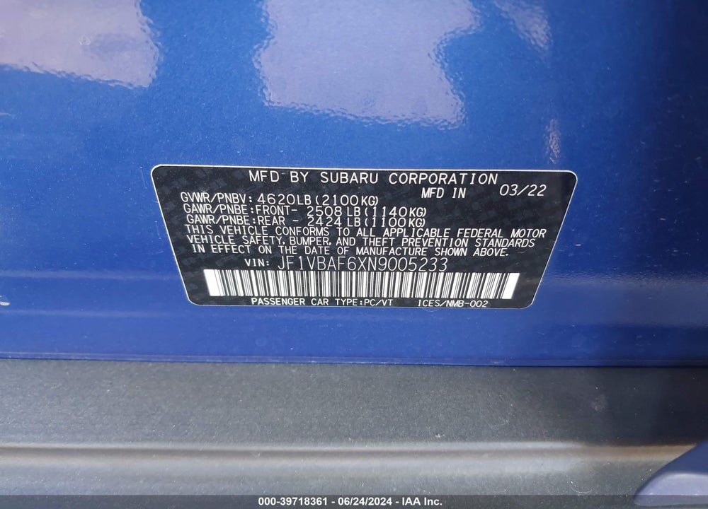 2022 SUBARU WRX PREMIUM VIN: JF1VBAF6XN9005233