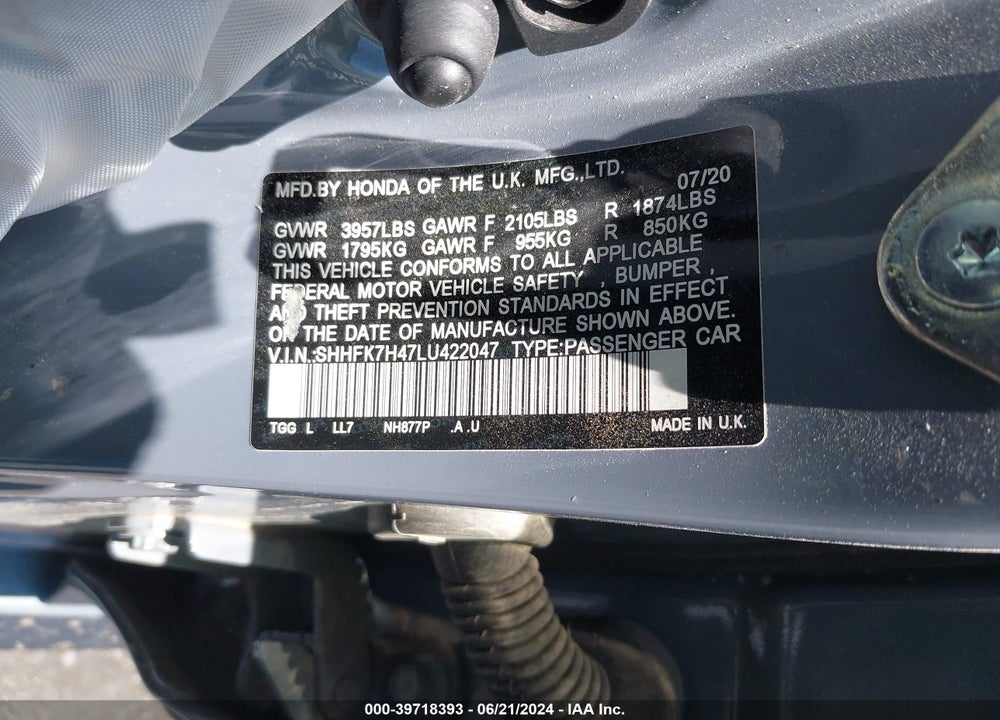 2020 HONDA CIVIC SPORT VIN: SHHFK7H47LU422047
