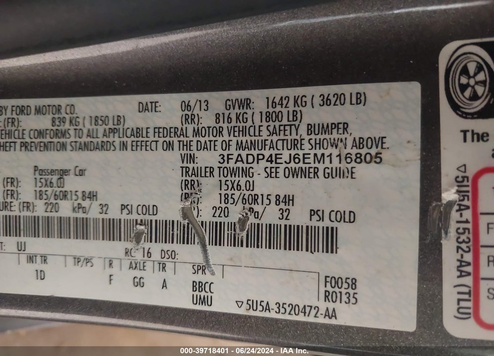 2014 FORD FIESTA SE VIN: 3FADP4EJ6EM116805