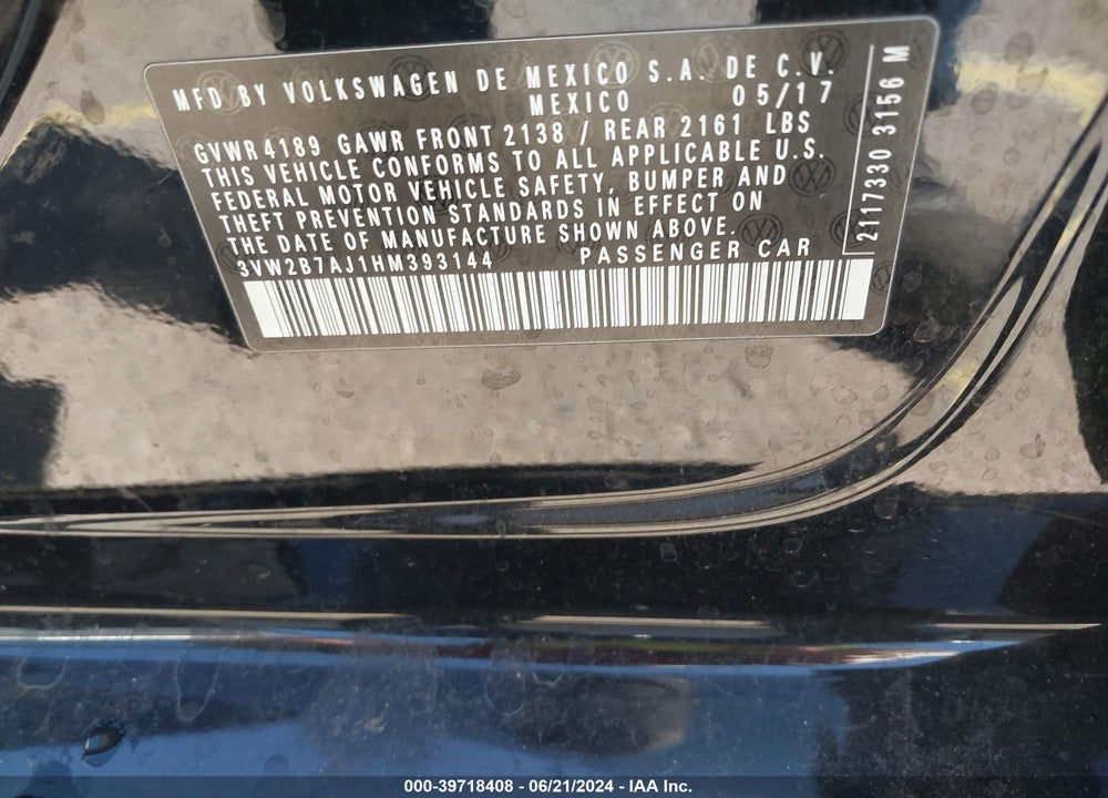 2017 VOLKSWAGEN JETTA 1.4T S VIN: 3VW2B7AJ1HM393144