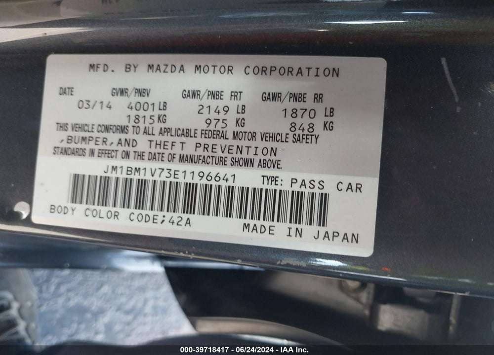 2014 MAZDA 3 I TOURING VIN: JM1BM1V73E1196641
