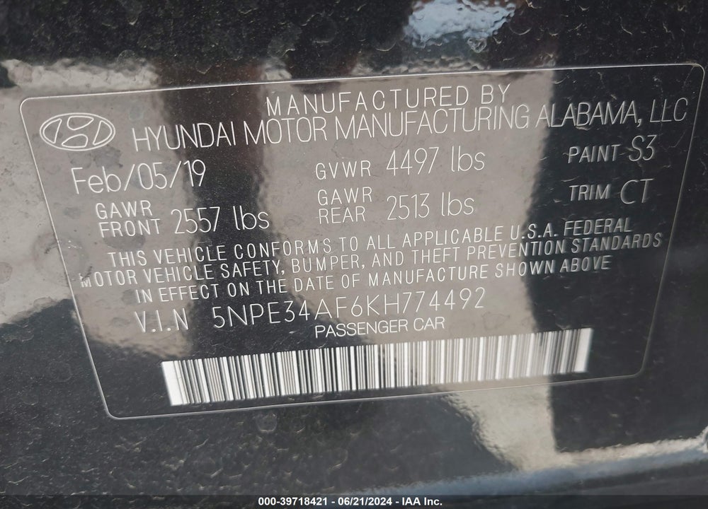 2019 HYUNDAI SONATA SPORT VIN: 5NPE34AF6KH774492