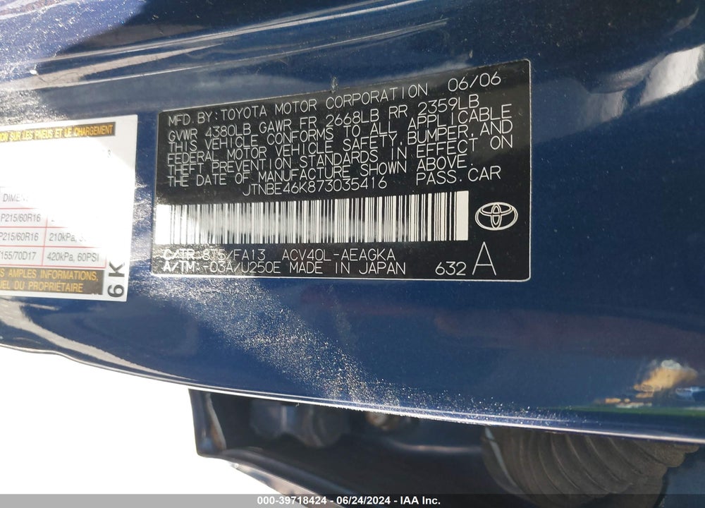 2007 TOYOTA CAMRY XLE VIN: JTNBE46K873035416