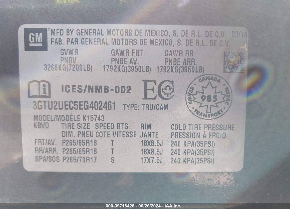 2014 GMC SIERRA 1500 SLE VIN: 3GTU2UEC5EG402461