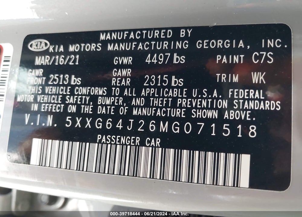 2021 KIA K5 GT LINE VIN: 5XXG64J26MG071518