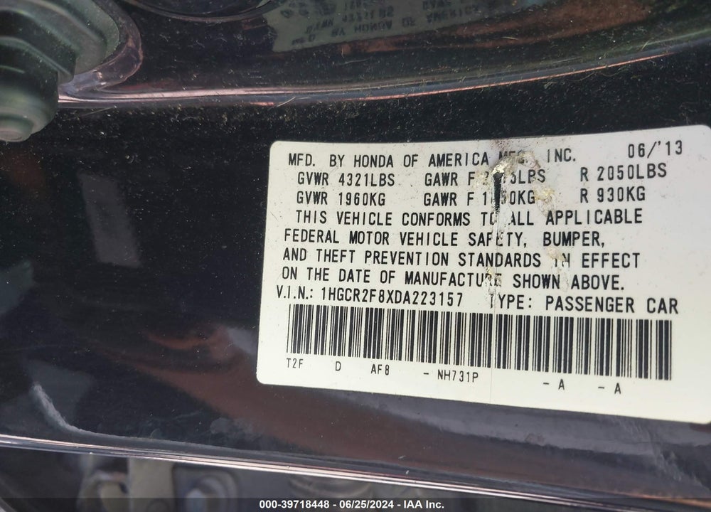 2013 HONDA ACCORD EX-L VIN: 1HGCR2F8XDA223157