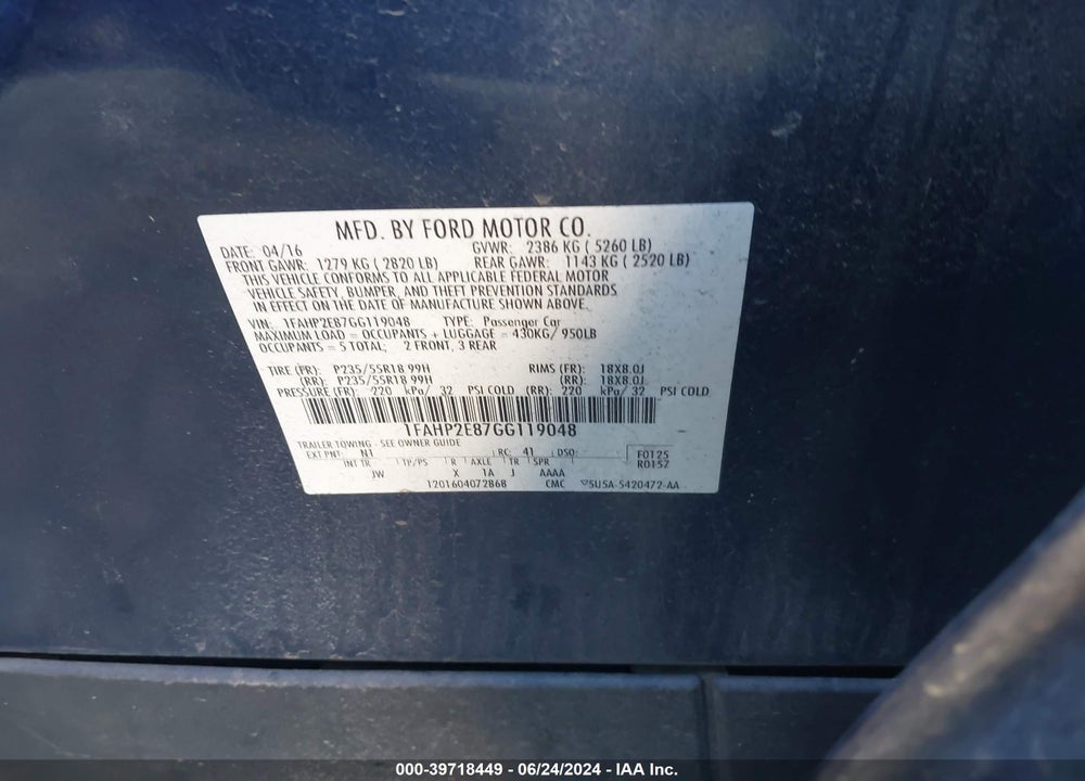2016 FORD TAURUS SEL VIN: 1FAHP2E87GG119048